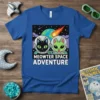 Meowter Space Adventure t-shirt design featuring a black cat and green alien cat in astronaut helmets, with Earth and a