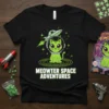 Meowter Space Adventures text with a cute green cat astronaut wearing a helmet, flying a spaceship, surrounded by stars