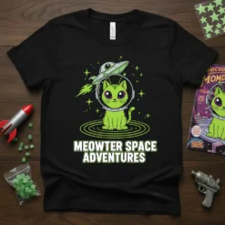 Meowter Space Adventures text with a cute green cat astronaut wearing a helmet, flying a spaceship, surrounded by stars
