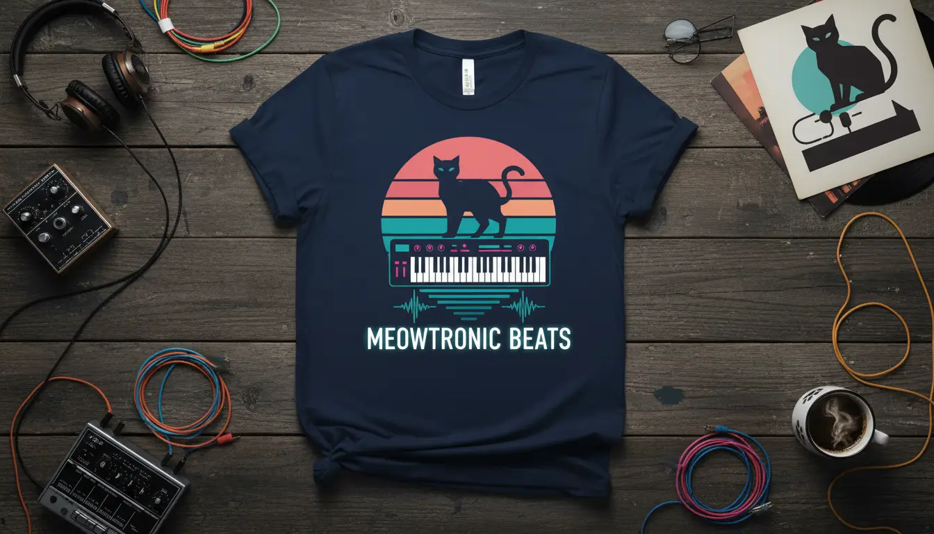 Meowtronic Beats design: black cat on synthesizer keyboard with retro sunset graphic and waveform