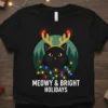 Black cat wearing reindeer antlers and tangled in Christmas lights with "Meowy & Bright Holidays" text