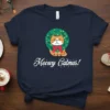 Meowy Catmas! t-shirt design with a grumpy cat wearing a Christmas wreath and a red bow