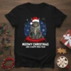 Meowy Christmas And A Happy New Year text with a grey cat wearing a Santa hat and tangled in Christmas