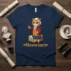 Meowzart text with paw prints and a cartoon cat dressed as a classical composer, standing on books