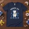 Meowzel Tov Hanukkah t-shirt with a white cat holding a menorah, surrounded by dreidels and stars
