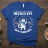 Meowzel Tov Happy Hanukkah t-shirt design with a white cat wearing a scarf, juggling dreidels, surrounded by menorahs and Star