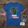 MERAWRA dinosaur t-shirt design with T-Rex and American flag for 4th of July celebrations