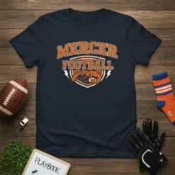 Mercer Football T-Shirt with orange and white text and a bear mascot holding a football