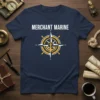 Merchant Marine text above a yellow and white compass rose with an anchor, printed on a navy t-shirt