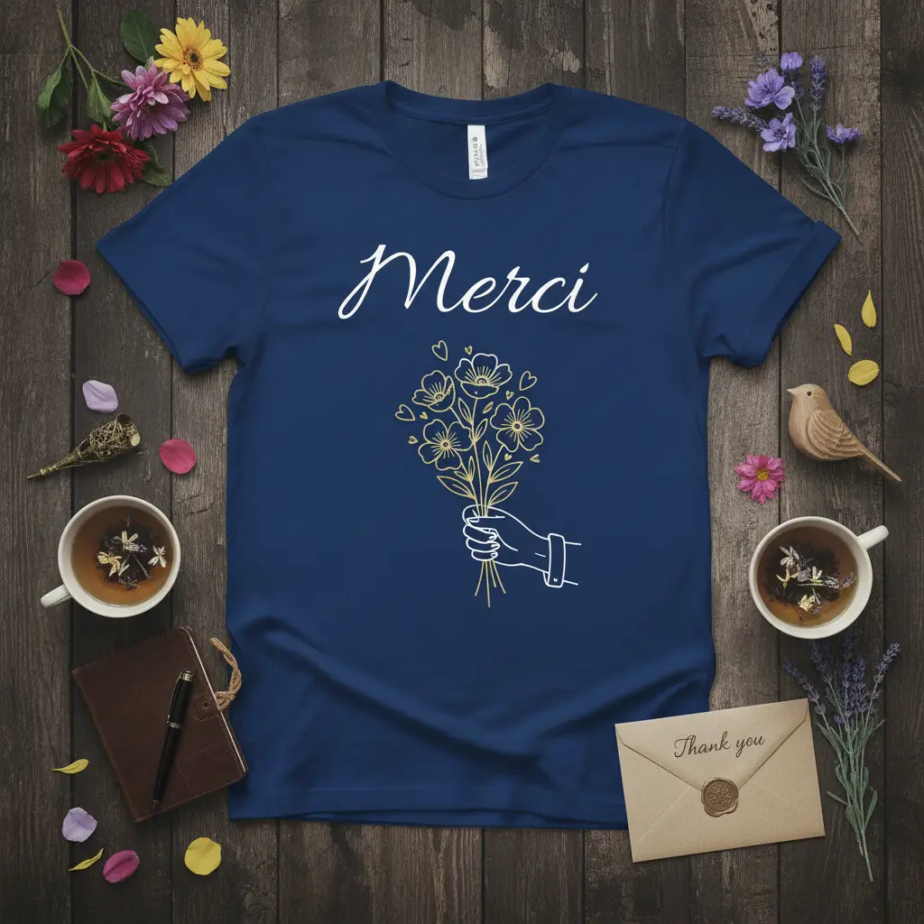 Merci text and floral bouquet graphic on a navy blue t-shirt, perfect for expressing gratitude