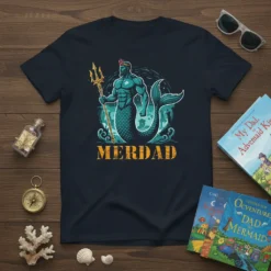 Merdad t-shirt design featuring a muscular merman holding a trident, with the word Merdad below in distressed lettering