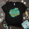 Mermaid HAIR don't care text design on black t-shirt with ocean waves, shells, and starfish graphics