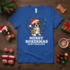 Merry Boxermas Happy Pawlidays Boxer Dog Christmas T-Shirt design with a Boxer wearing a Santa hat and tangled in colorful