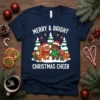Merry & Bright Christmas Cheer t-shirt with a squirrel and bear in Santa hats surrounded by presents and trees