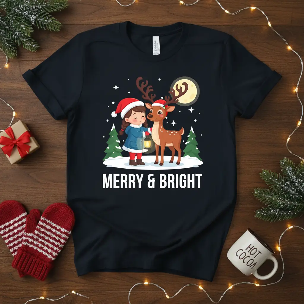 Merry & Bright Christmas T-Shirt design with girl, reindeer, and festive elements