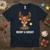 Merry & Bright Reindeer T-Shirt with cute Christmas reindeer and festive lights design