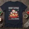 Merry Catmas 2024 Still Masking t-shirt design with three cats wearing Santa hats and masks, decorated with Christmas lights and