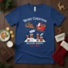 Merry Christmas Delivery Service Est. 1823 t-shirt with Santa in sleigh over rooftops graphic
