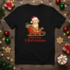 Merry Christmas Dog Sleigh T-Shirt with a cute dog wearing a Santa hat in a sleigh full of gifts