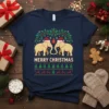 Merry Christmas text with two elephants wearing Santa hats and an ugly sweater pattern, festive holiday design