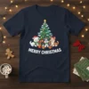 Merry Christmas text with three cute husky puppies and a Christmas tree graphic on a navy t-shirt
