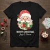 Merry Christmas Joy & Peace t-shirt with a patchwork Santa Claus design and festive text