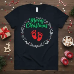 Merry Christmas pregnancy announcement t-shirt design with baby footprints inside a festive wreath