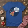 Merry Christmas text in a speech bubble above a cartoon reindeer wearing a Santa hat and Christmas lights