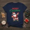 Merry Christmas t-shirt with a dab dancing Santa Claus graphic, surrounded by colorful Christmas lights