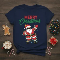 Merry Christmas t-shirt with a dab dancing Santa Claus graphic, surrounded by colorful Christmas lights