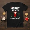 Merry Christmas text with Santa Claus riding a sleigh, festive trees, and snowflakes on a black t-shirt