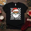 Merry Christmas text with retro Santa Claus graphic wearing sunglasses, on a black t-shirt design