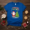 Merry Christmas T-Shirt with Santa Claus, Christmas tree, candy canes, and stars design