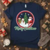 Merry Christmas text with Santa Claus, snowman, and gingerbread man design on a navy blue t-shirt