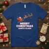 Merry Christmas Santa Claus text with Santa in his sleigh and reindeer on a blue t-shirt