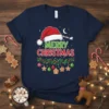 Merry Christmas T-Shirt with Santa hat, ornaments, and gingerbread stars, festive holiday design
