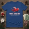 Merry Christmas Santa's Express Delivery text with Santa flying a red airplane graphic on a blue t-shirt
