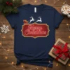 Merry Christmas t-shirt with Santa's sleigh and reindeer design, festive holiday graphic