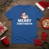 Merry Chrithmith T-Shirt with Santa Claus holding a drink, featuring bold white text