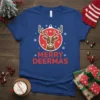 Merry Deermas Christmas t-shirt with a red circle featuring a cartoon reindeer head and snowflakes