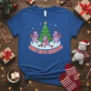 Merry Hippo Christmas t-shirt design with three hippos ice skating around a decorated Christmas tree