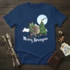 Merry Krampus t-shirt with a green monster carrying a sack and a decorated Christmas tree under a full moon