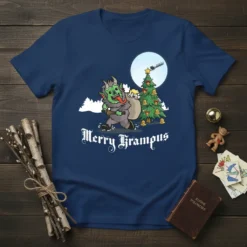 Merry Krampus t-shirt with a green monster carrying a sack and a decorated Christmas tree under a full moon