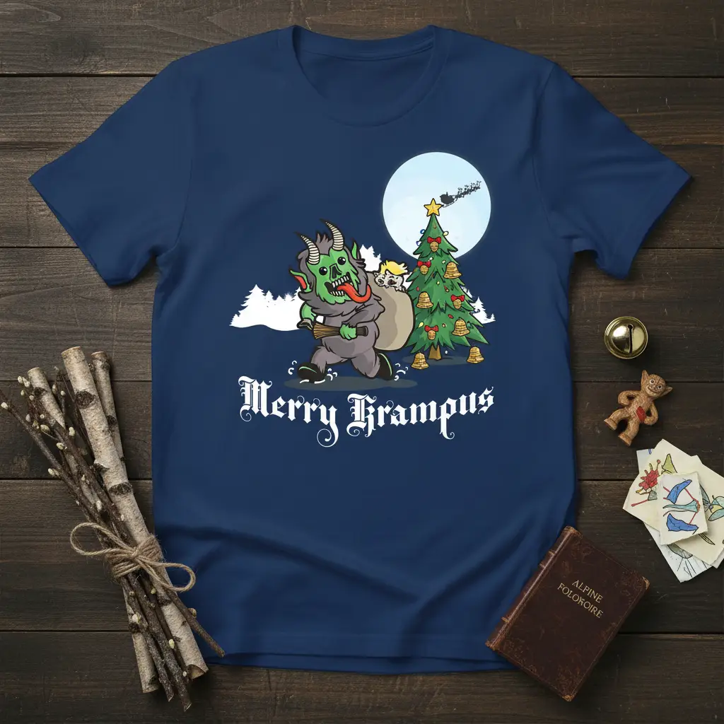 Merry Krampus t-shirt featuring a green monster, Christmas tree, and full moon with festive text