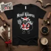 Merry Krampus t-shirt design featuring a horned devil in a Santa suit holding switches and a sack of children