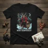 Merry Krampusnacht t-shirt design with a demonic Krampus figure holding a staff and basket, set against a snowy, moonlit landscape
