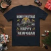 Merry Shiftmas Happy New Gear t-shirt with a black sports car, checkered flags, and holiday elements