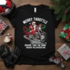 Black t-shirt with "Merry Throttle Cruisin' Thru The Snow Holiday Hellraisers MC" text and Santa riding a motorcycle design
