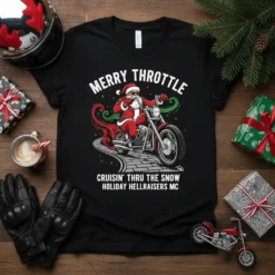 Black t-shirt with "Merry Throttle Cruisin' Thru The Snow Holiday Hellraisers MC" text and Santa riding a motorcycle design