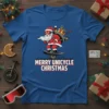 Merry Unicycle Christmas text with Santa riding a unicycle graphic on a blue t-shirt